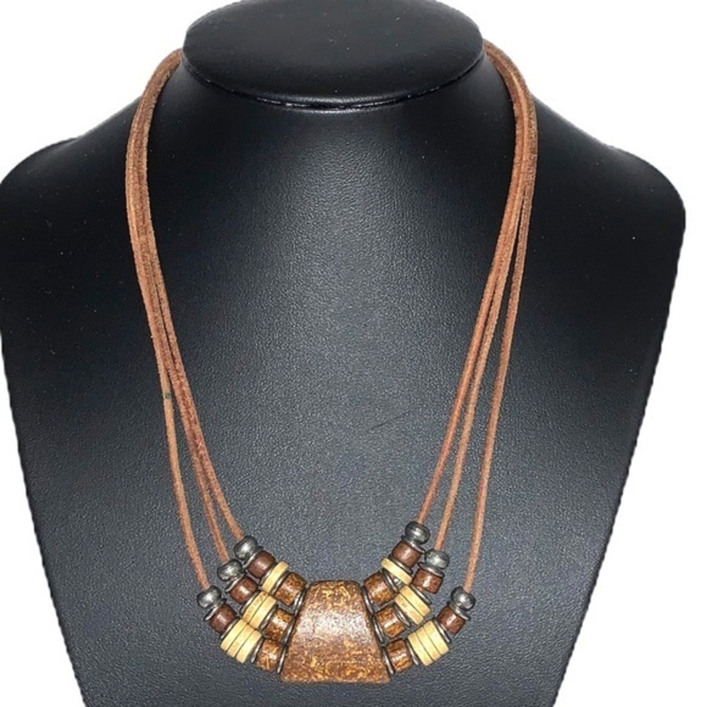 Vintage BOHO brown suede 3 string beaded necklace